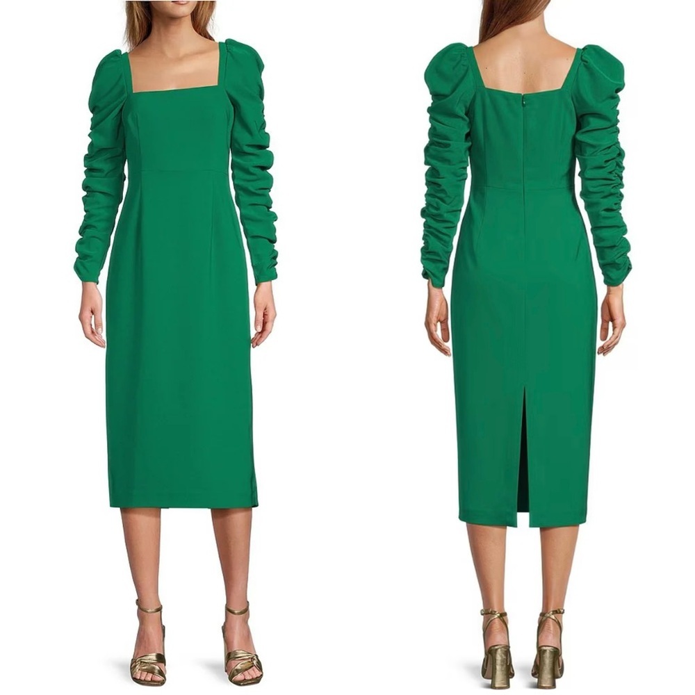 NWT ANTONIO MELANI Elena Crepe Square Neck Long Ruched Sleeve Midi Dress Size 10